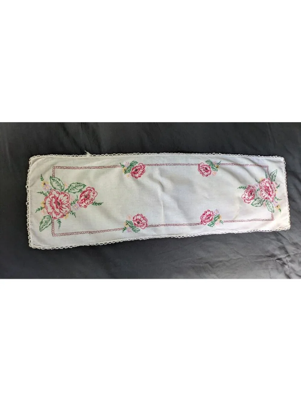 Vtg Linen Table Runner Dresser Scarf Red Floral Embroidery on White 37x12
